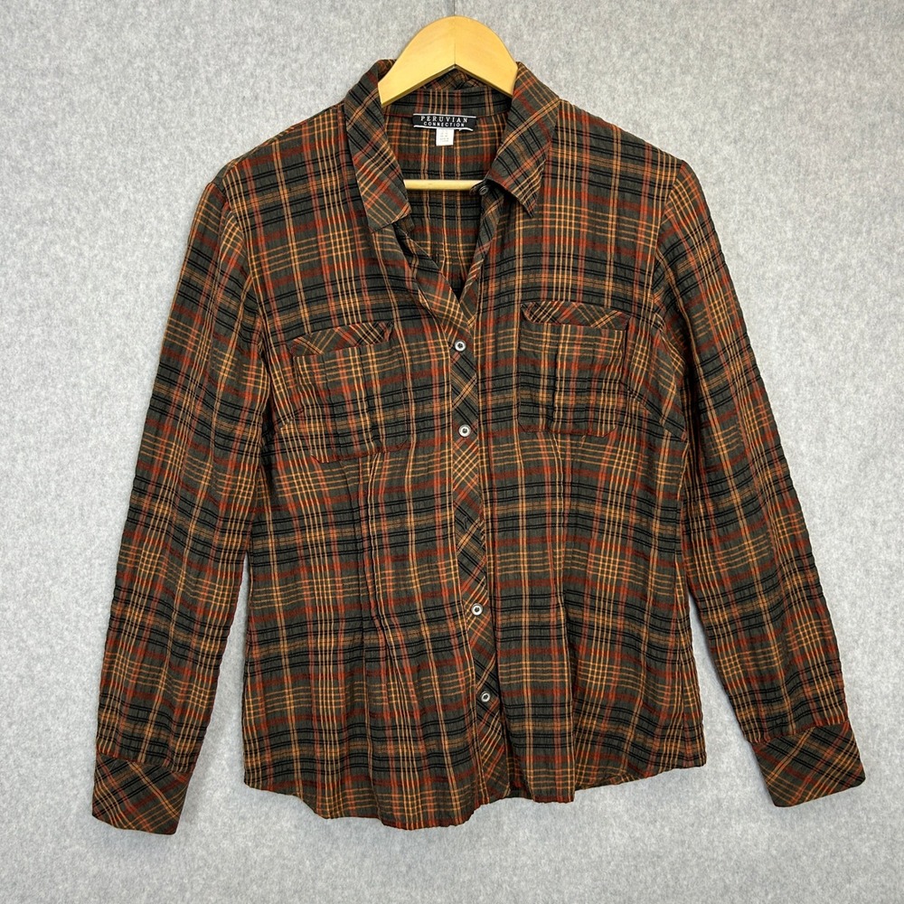 Peruvian Connection Plaid Button Down Shirt Orange Brown Pockets Womens 10 READ